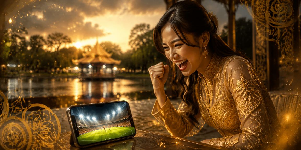 Pemain kasino berbaju kebaya Malaysia menggunakan telefon pintar — pengalaman mudah alih yoktogel